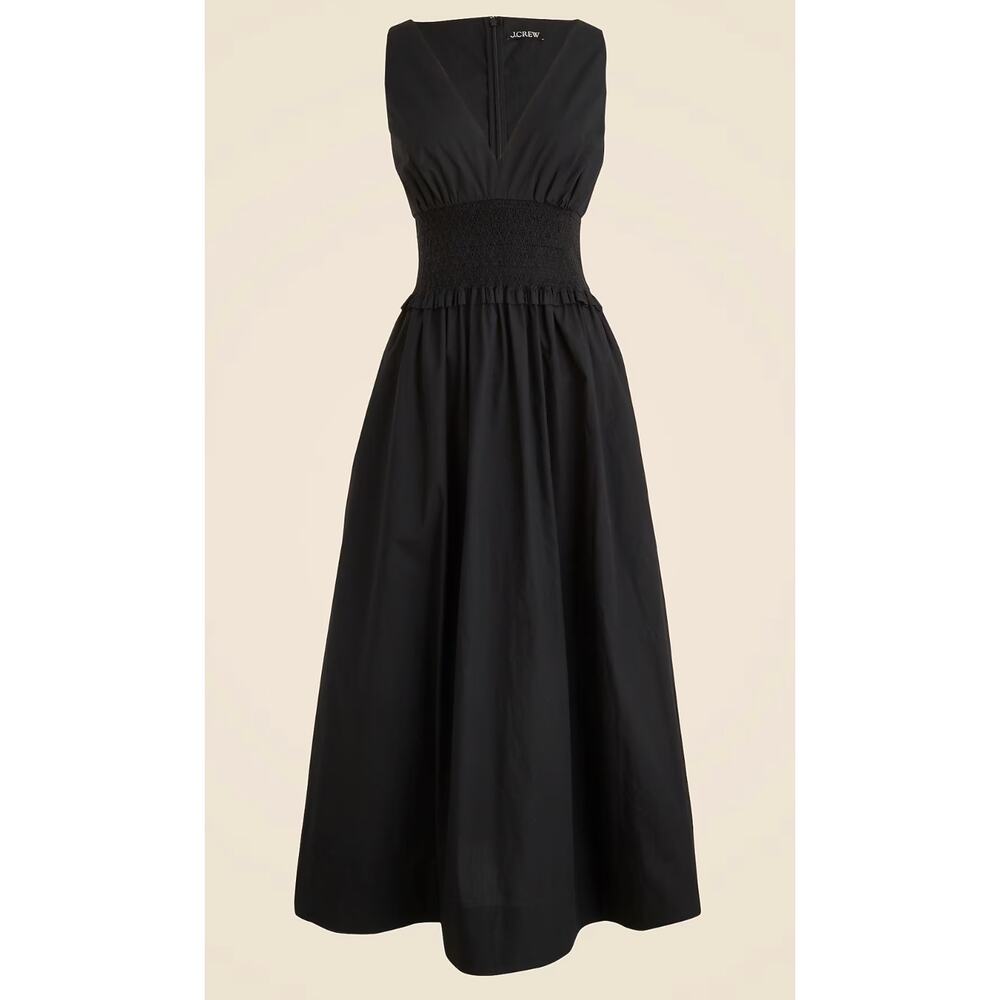 NWT J. Crew Plunge Smocked-Waist Dress Sz M Cotton Poplin Summer A Line Midi - Picture 2 of 9